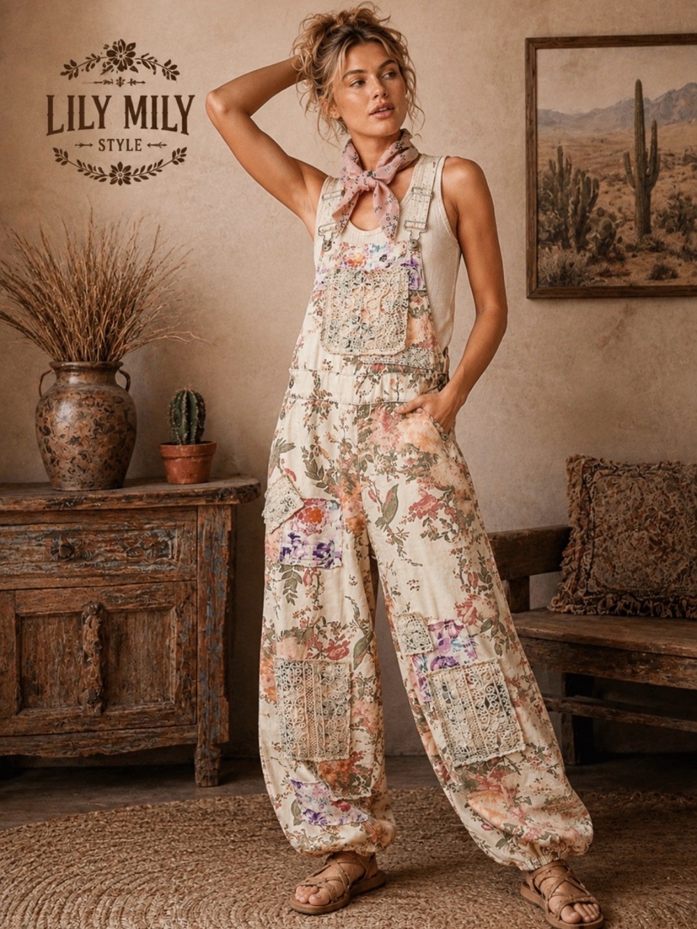 POL 🌸Cream Floral Patchwork Jogger Overalls🌸RESTOCK🚨